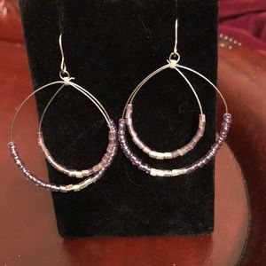 Silvertone Lavender Bead Double Hoops